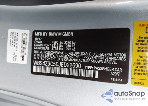 2018 BMW M4 из США, поврежденный, VIN WBS4Z9C50JED22690